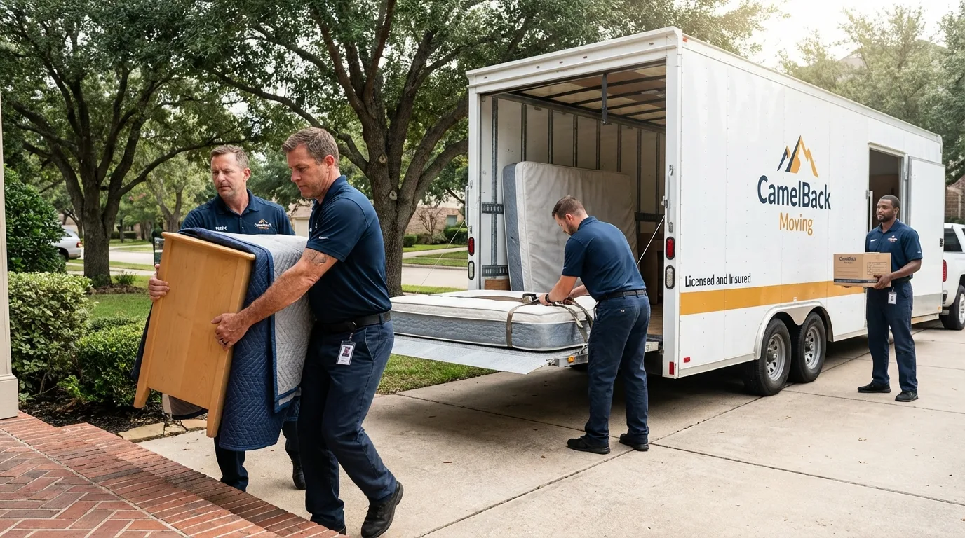 Crew loading residential truck for cross-state move from Spooner, WI