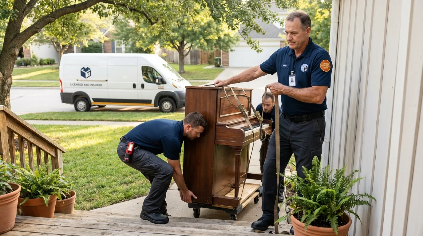 Licensed piano movers securing grand piano in Spooner, WI