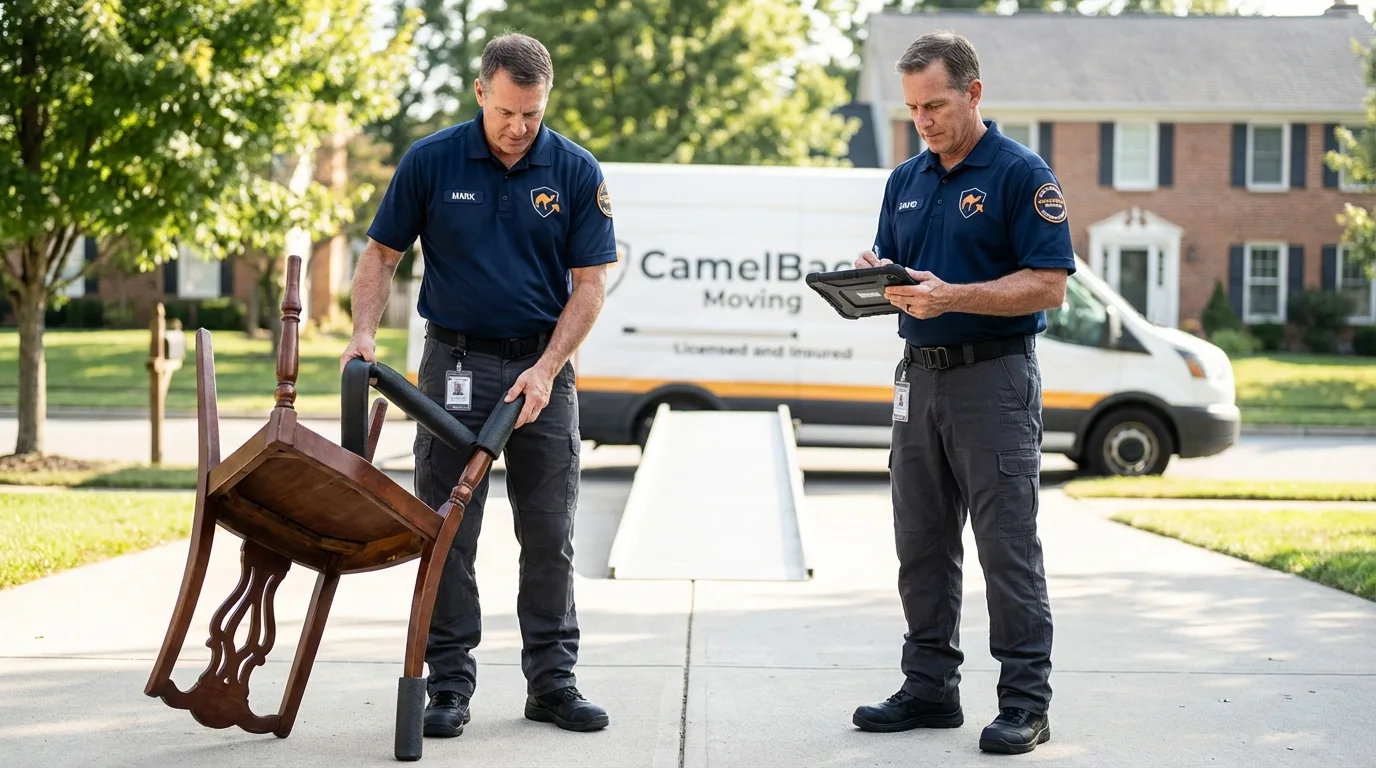 Movers inspecting furniture for damage prevention before loading in Spooner, WI