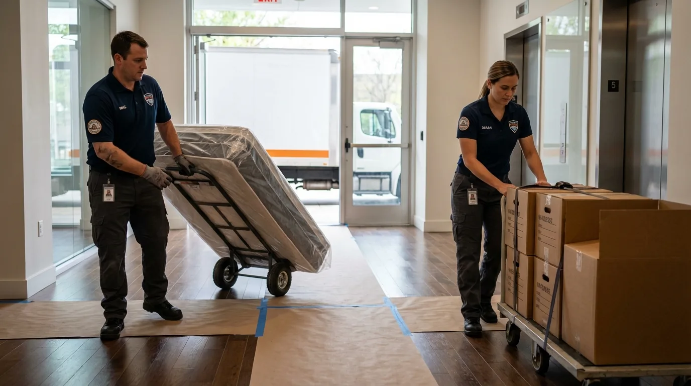 Professional apartment movers loading elevator in Spooner, WI